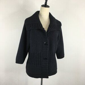 ST JOHN Black Wool Blend 3/4 Sleeve Knit Ribbed Inserts Button Cardigan